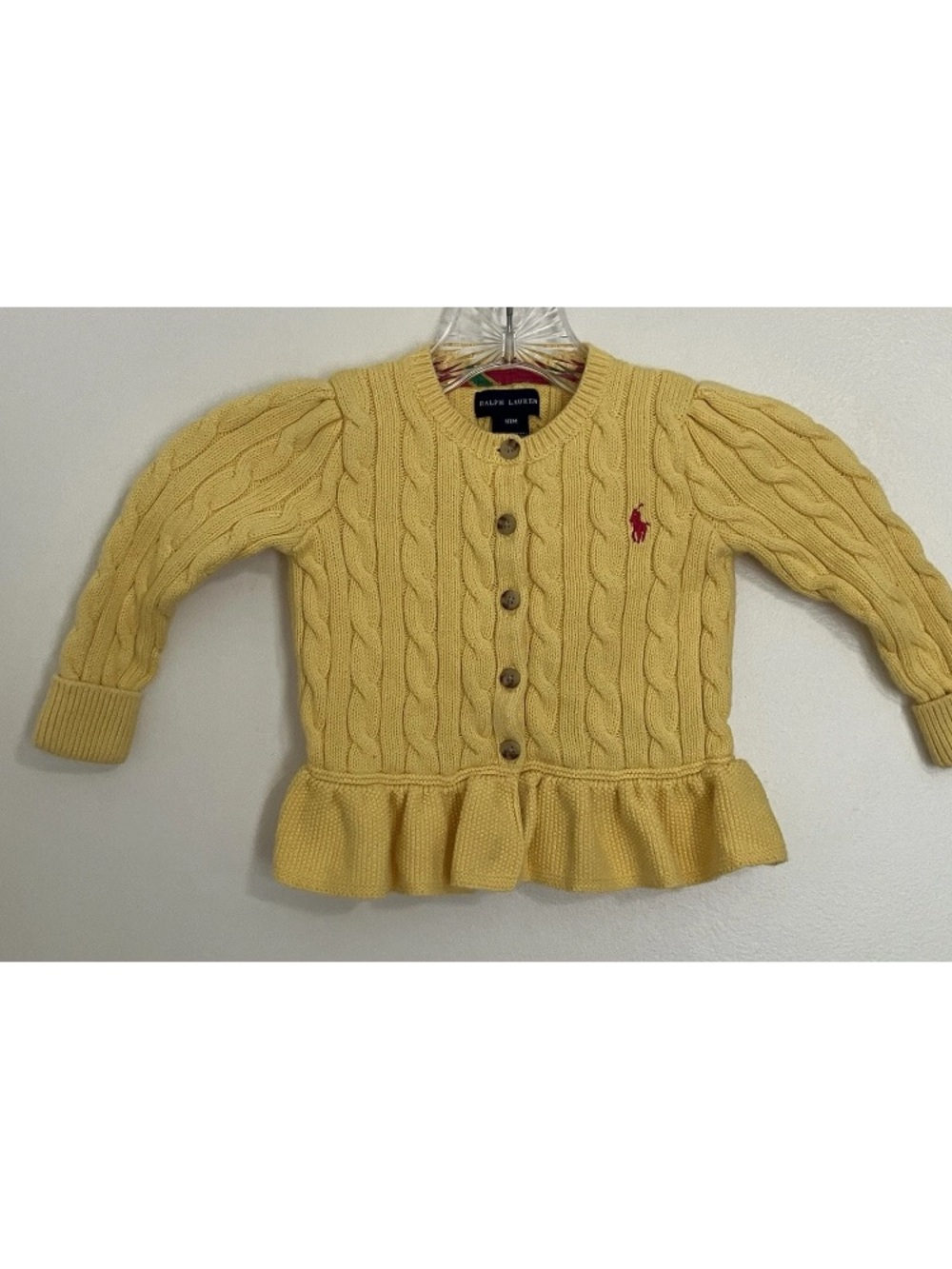 Ralph Lauren Yellow Cable Knit Peplum Cardigan with Pony